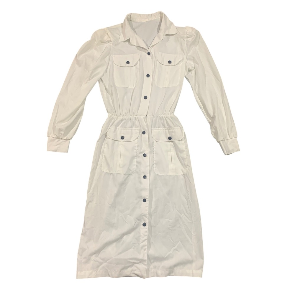 VTG 80s White Button Front Shirt Dress Midi Elastic Waist Pockets Puff Sleeve‎ M